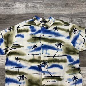 Vintage 90s Nautica Hawaiian Blue Green Men XL Rayon Palm Trees Button Up Shirt
